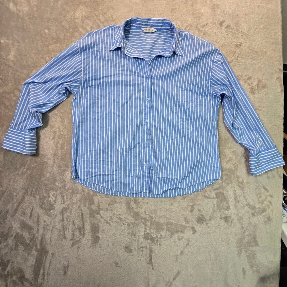 Nine West Womens Blue White Striped Button Down Shirt XL WW6SW212RR1